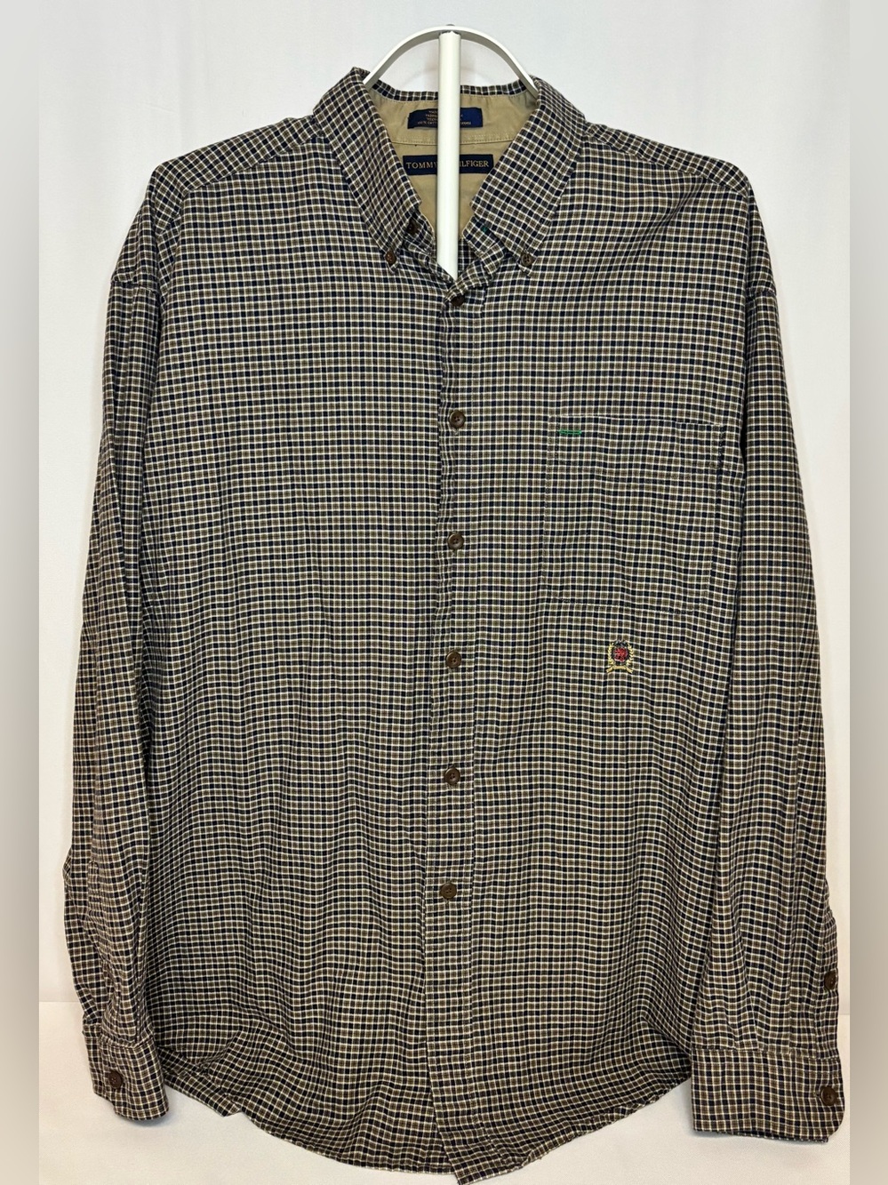 Vintage Tommy Hilfiger Plaid Gingham Check Button Up Shirt Lion Crest Mens XL